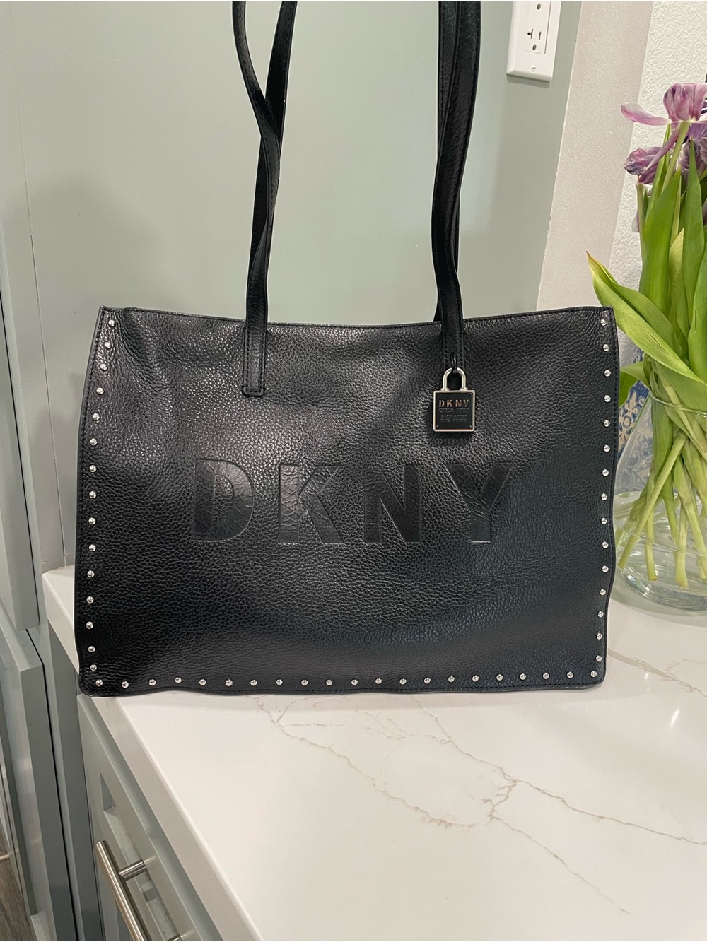 DKNY Black Pebbled Leather Logo Tote with Silver Studs